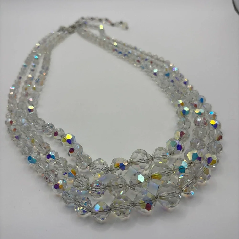 Vintage Aurora Borealis AB Crystal Glass Bead Multi 3 Strand Necklace